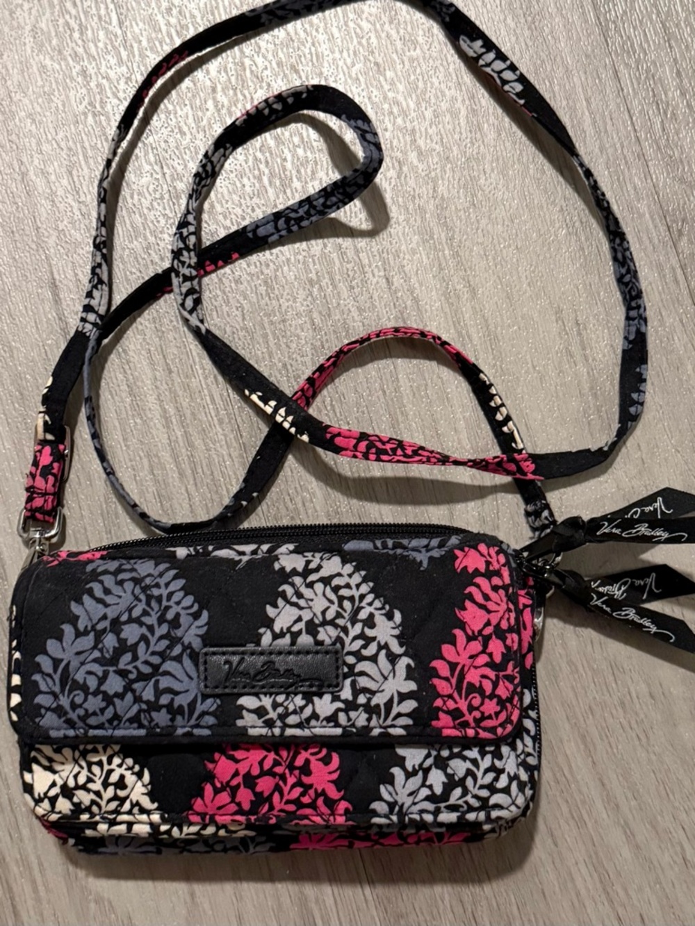 Vera Bradley Beautiful Black Floral Quilted Crossbody with Pink & Gray Accents